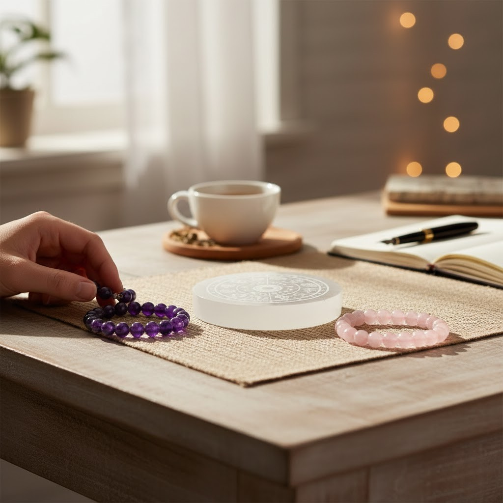 Healing & Love Bracelet Combo | Rose Quartz + Amethyst & Free Selenite Plate