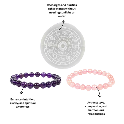 Healing & Love Bracelet Combo | Rose Quartz + Amethyst & Free Selenite Plate